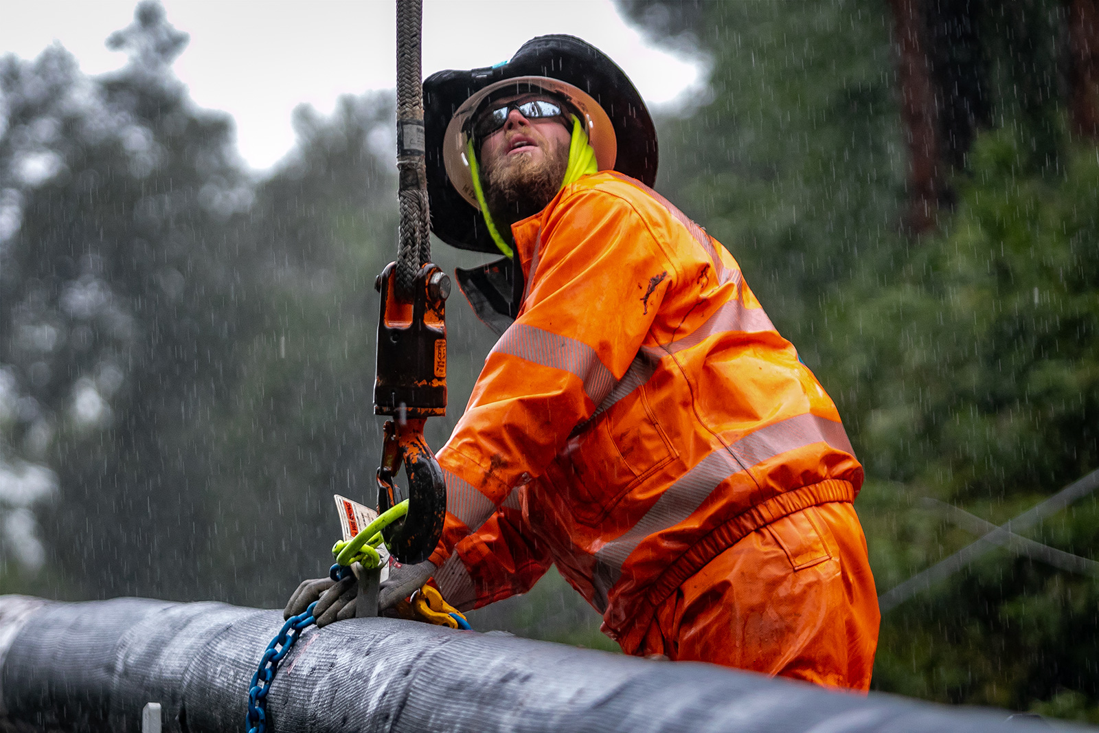 Pipeline work in rain